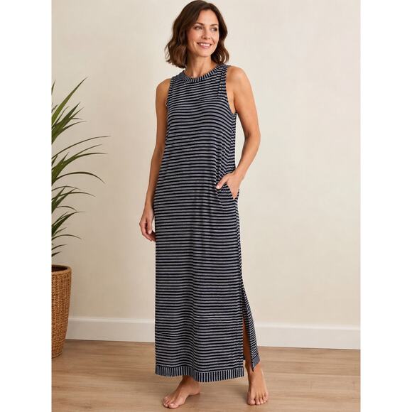 Soma Dresses & Skirts - Soma Maxi Lounge Dress Sleeveless Blue Stripe Medium Side Slit Soft Comfy Travel